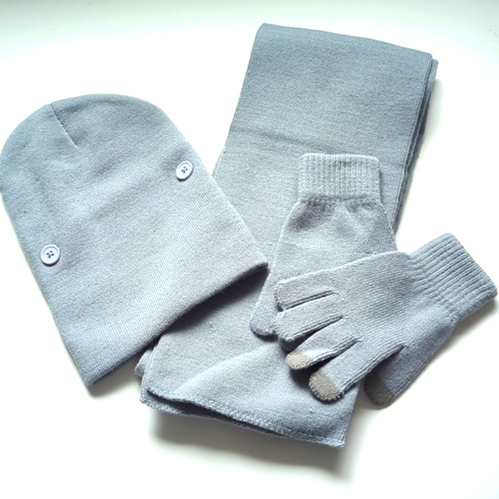 Unisex Scarf, Beanie & Gloves Gray Knit Cotton